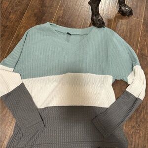 SHEIN Colorblock V-Neck Blouse - Teal, White, Gray